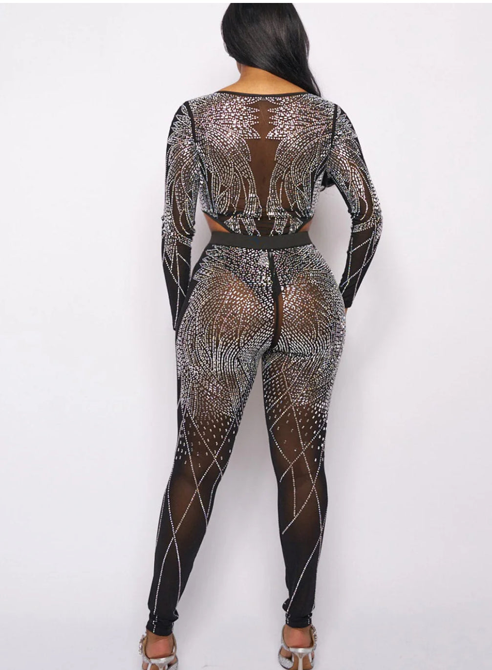 WOMEN'S LONG SLEEVE BODYSUIT & ELASTIC WAIST PANTS MESH STUDS 3PC. SET