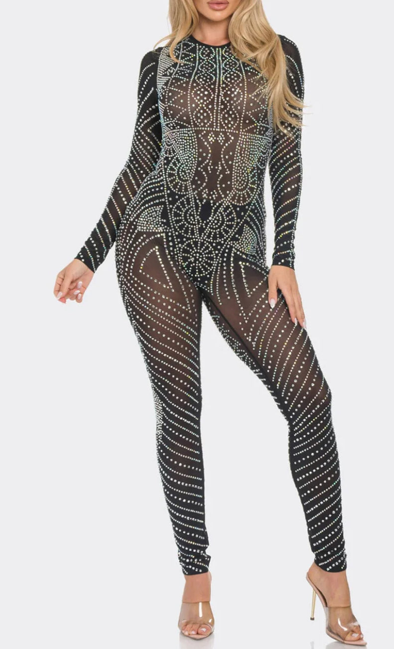 WOMEN'S LONG SLEEVE STUDS MESH JUMPSUIT