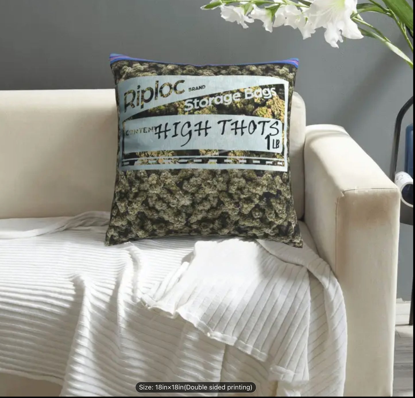 Ziplock Vintage Weed Baggie Pillow, 18x18”
