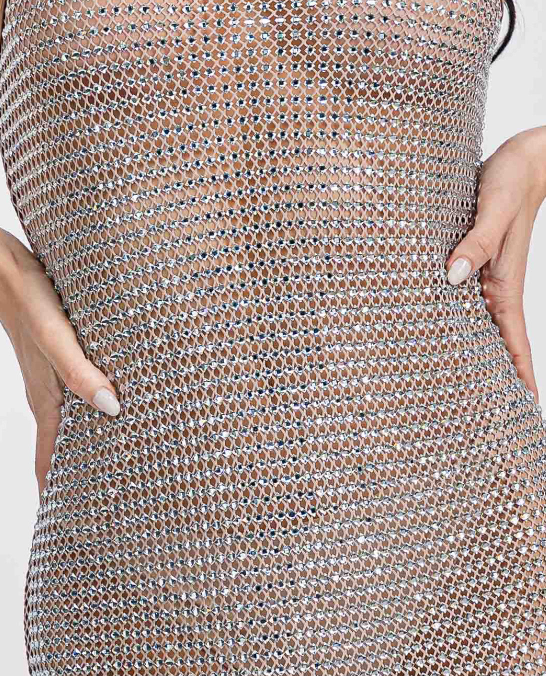 WOMEN'S SLEEVELESS ALL OVER STUDS BODYCON MESH MINI DRESS