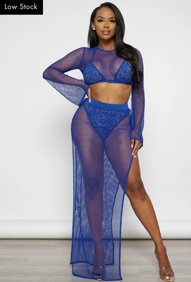 WOMEN'S LONG SLEEVE CROP TOP WITH BRALETTE & ELASTIC WAIST MAXI SKIRT STUDS FISH NET 3PC. SET