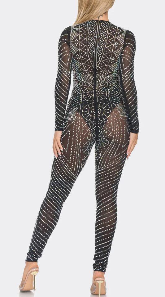 WOMEN'S LONG SLEEVE STUDS MESH JUMPSUIT